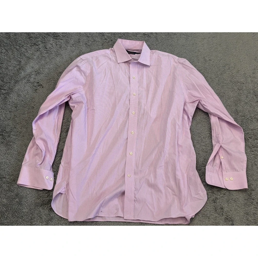 Polo Ralph Lauren Shirt Mens 17 34/35 Classic Fit Button Pink Striped Easy Care